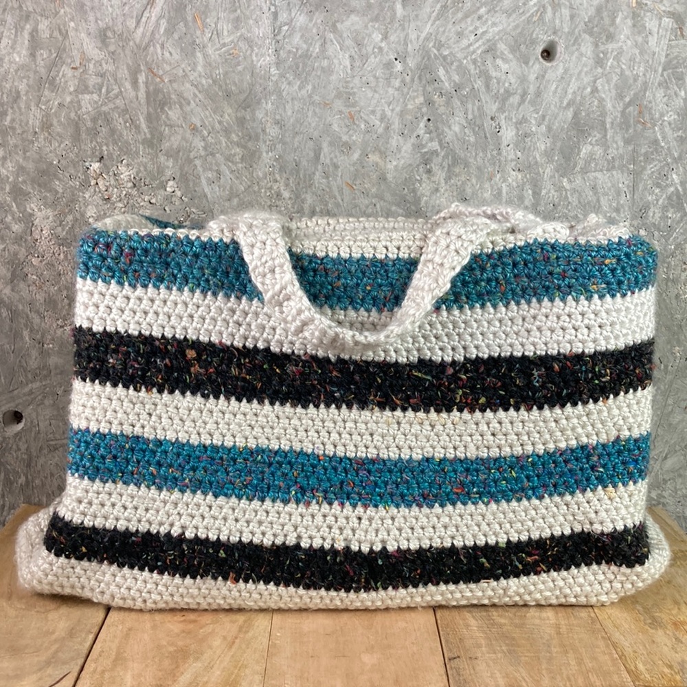 Hand Crochet Brown Turquoise Stripe Knit Tote Bag